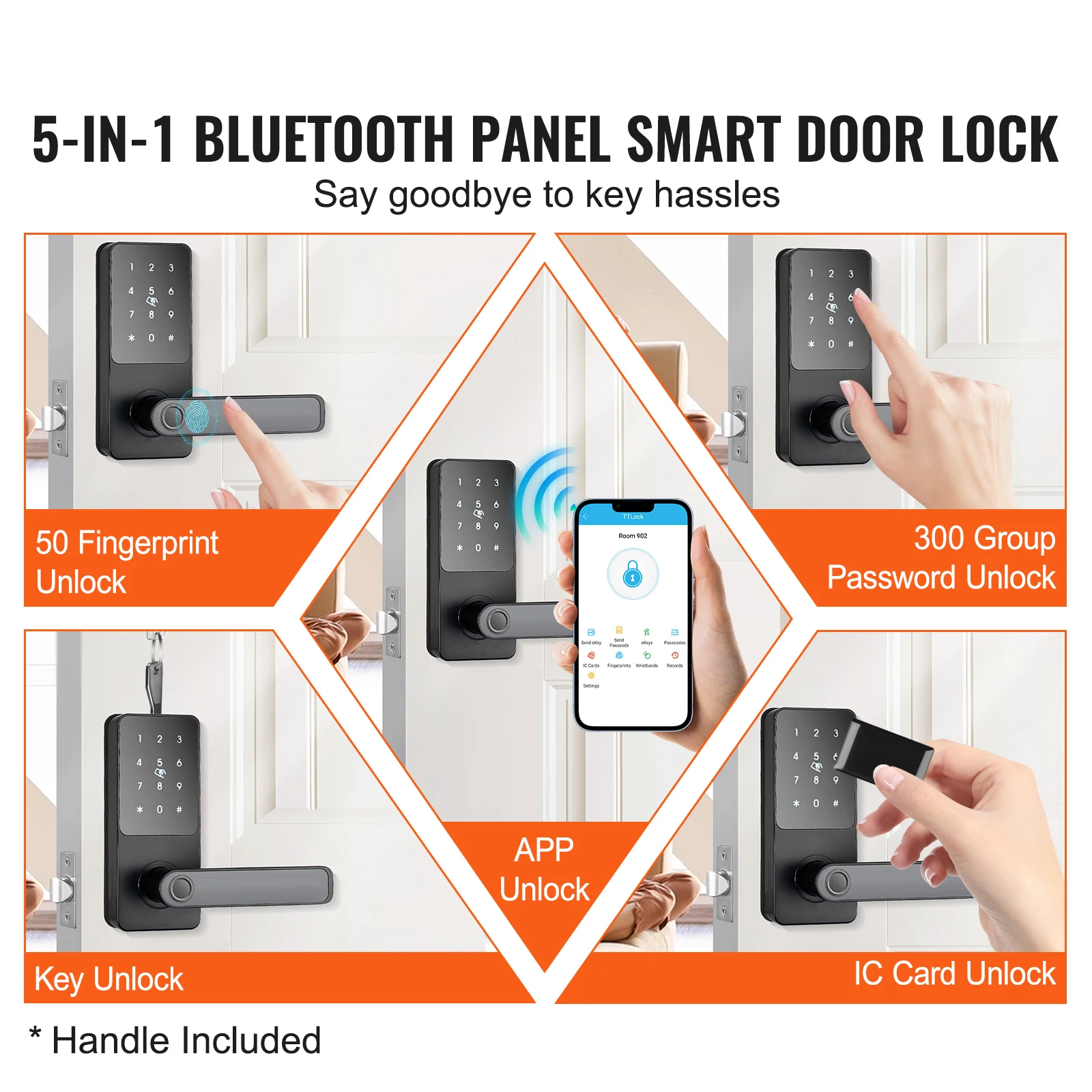 SucceBuy Smart Lock 5-in-1 Smart Türgriff Fingerabdruck-Riegel mit App-Steuerung Bluetooth Smart Lock Schlüsselloses Türschloss