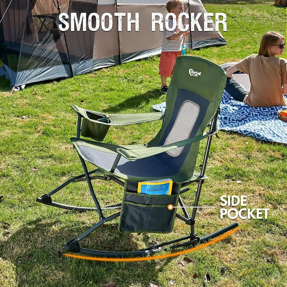 Portable Folding Rocking Chair Camping Rocker Outdoor Lawn Chair with Cup Holder Side Pocket Lightweight Easy to Fold Heavy Duty