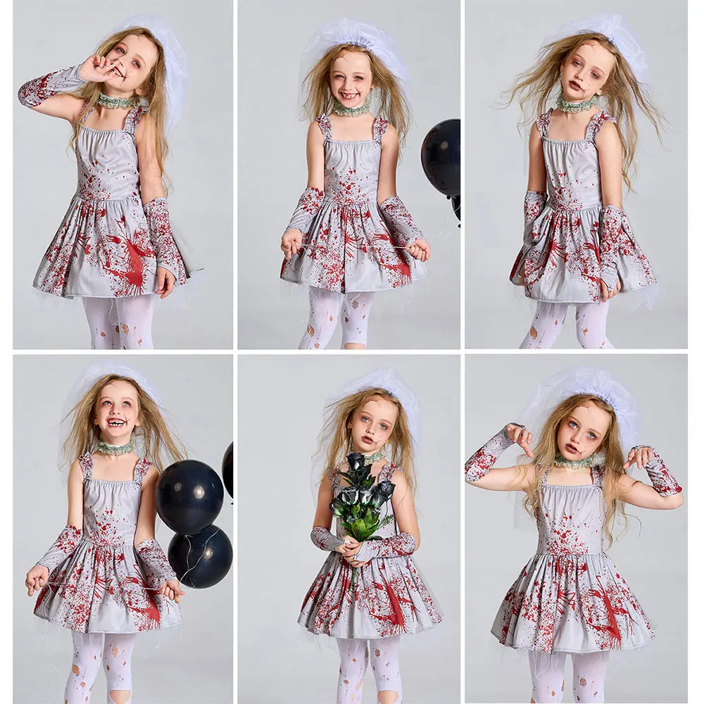Umorden Horror Scary Bloody Zombie Bride Costume for Girls Child Kids Tween Teens 4-16Y Halloween Fancy Dress