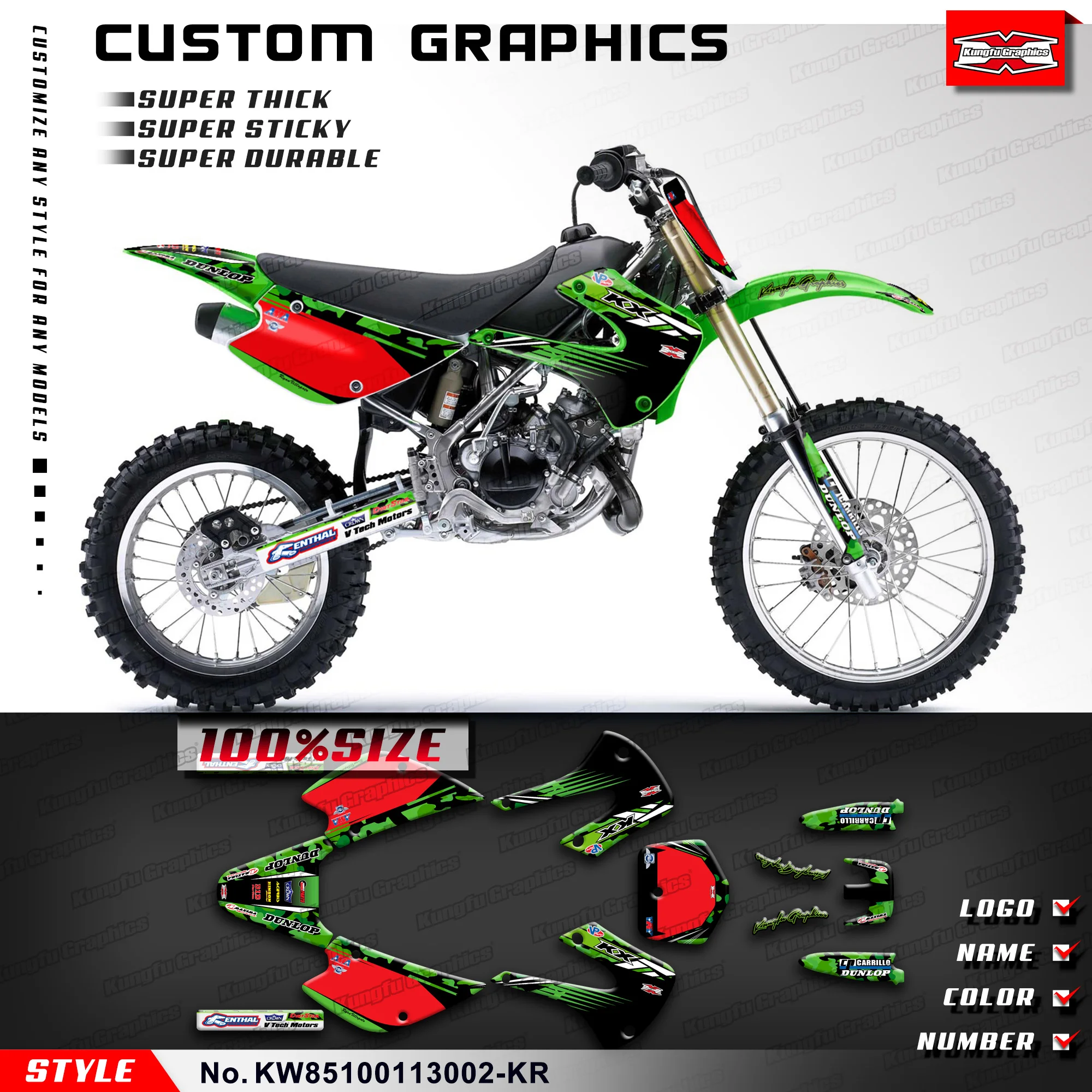 

KUNGFU GRAPHICS Decals Stickers Vinyl Decal Kit for Kawasaki KX 85 100 2001-2013, KW85100113002-KR