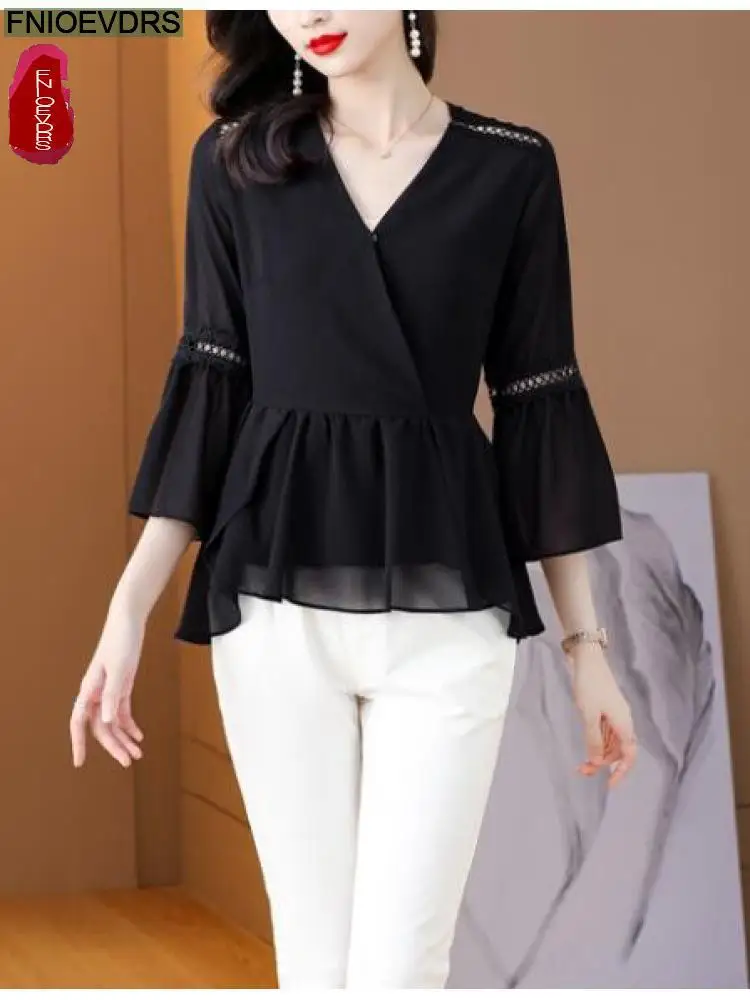 S-2XL 2023 Women Summer Elegant Office Lady Work Basic Shirt Casual Black Mesh Ruffles Tunic Peplum Tops Blouses