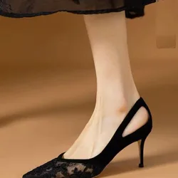 Sapatos femininos de ponta oca, malha sexy de renda, salto alto estilete, sandálias elegantes de festa, salto de luxo, 2022