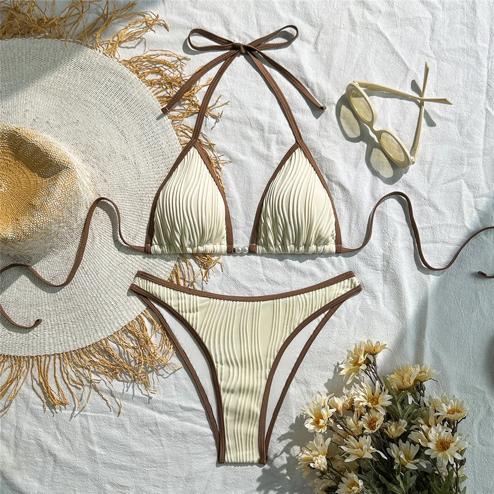 

Bead String Halter Triangle Bikini 2026 Ribbed Swimwear Holiday Sexy Swimsuit Women Bikinis Sets Biquinis Swimming Suit Wear