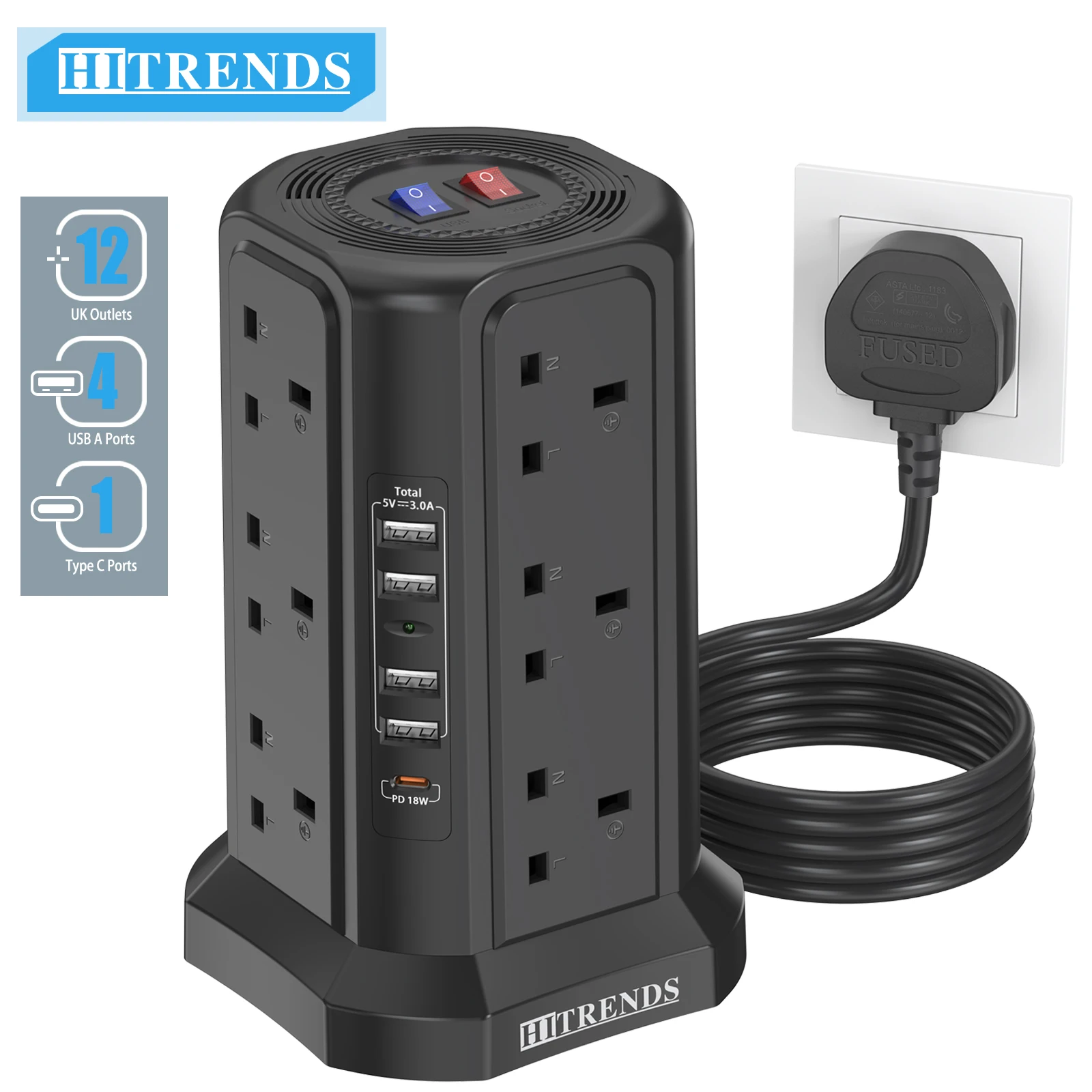 17-in-1 Tower Socket with Night Light +8/12AC Port +USB 18W PD Fast Charging Port, 5-Layer Protection, 1.8-Meter Wire