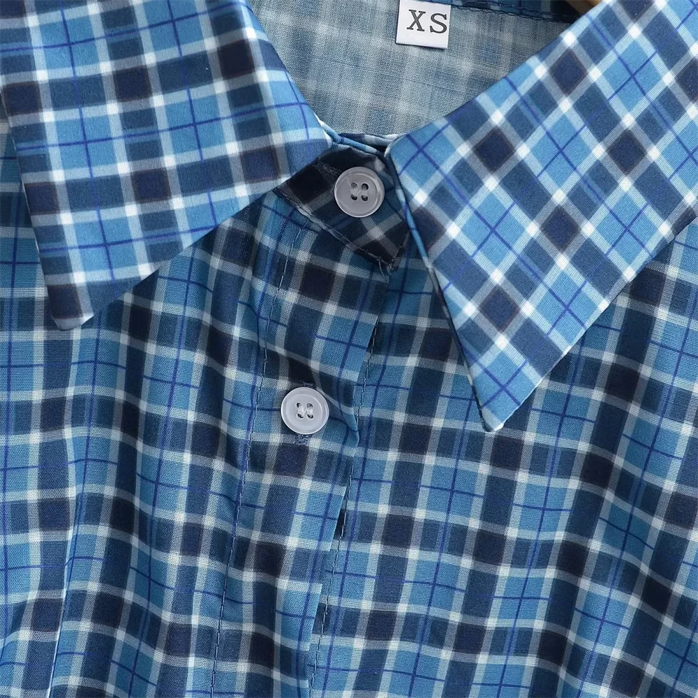 2024 otoño e invierno nueva chica picante solapa de manga larga azul a cuadros cintura ajustada camisa casual