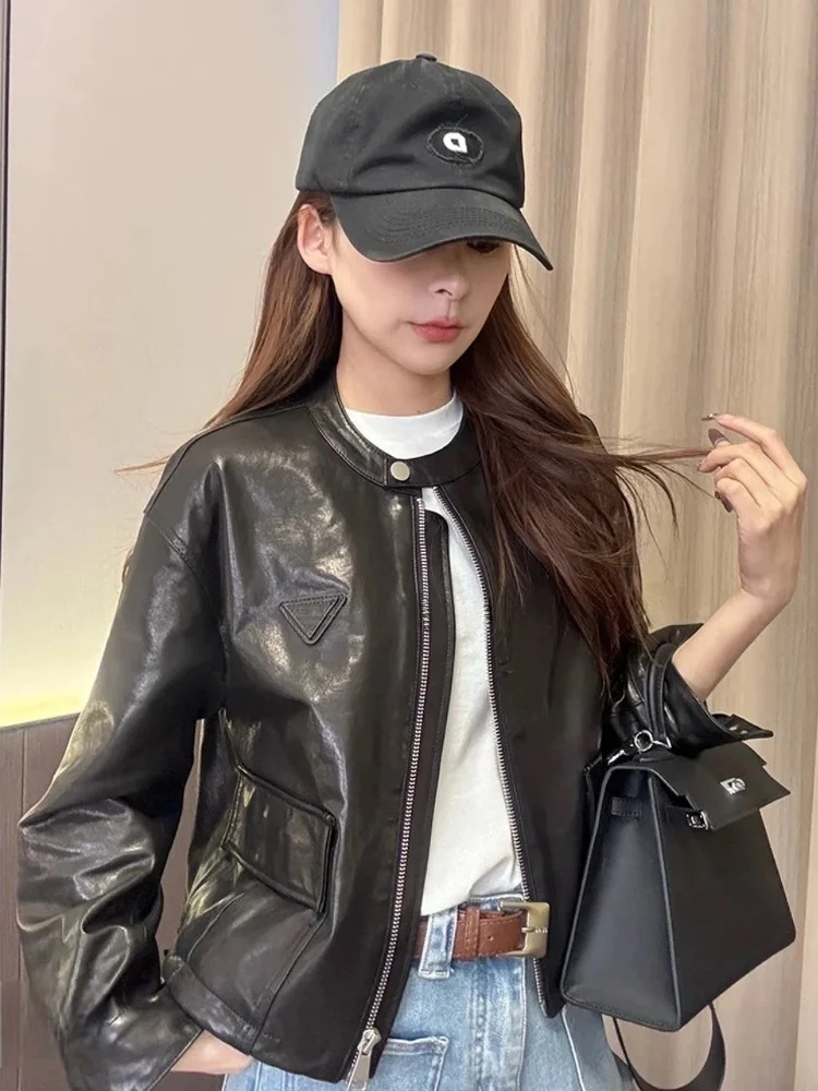 

Faionable Stand Collar Slim Fit eepskin Jaet Women's Leather Coat Long Sve Commute Sle Early Spring New Arrival