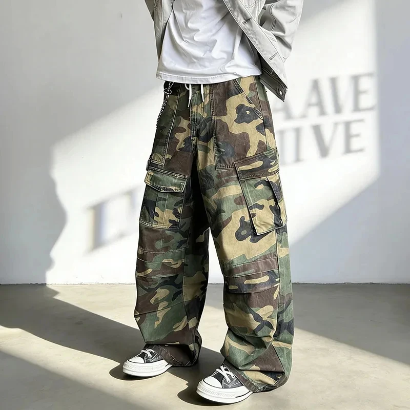 

Камуфляжные повседневные мужские джинсы-карго в американском стиле, прямые широкие драпированные джинсы унисекс, стильные брюки
