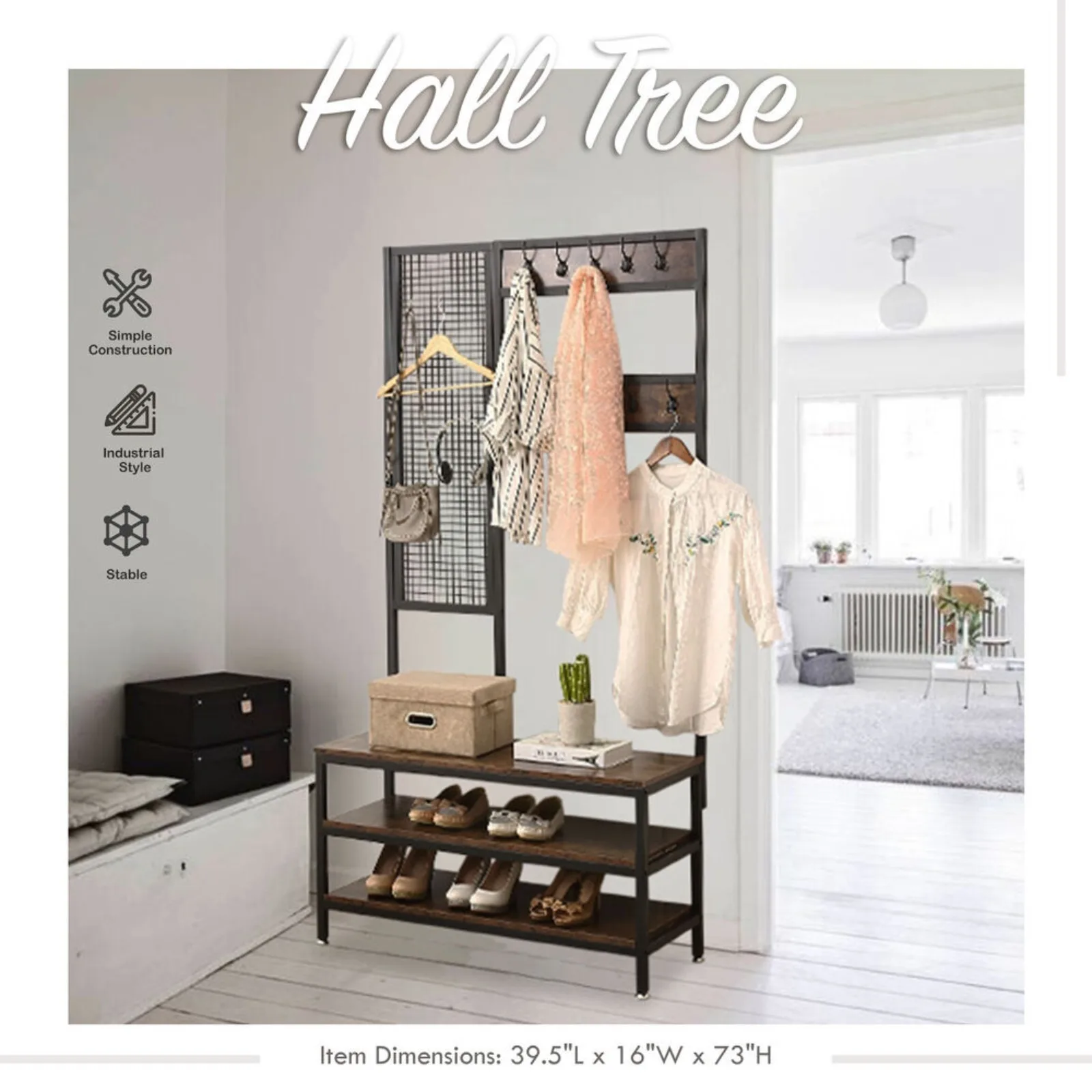 Hall Tree Grid Wall Coat Rack Shoe Bench Wood - Entryway Storage Shelf Organizer United States