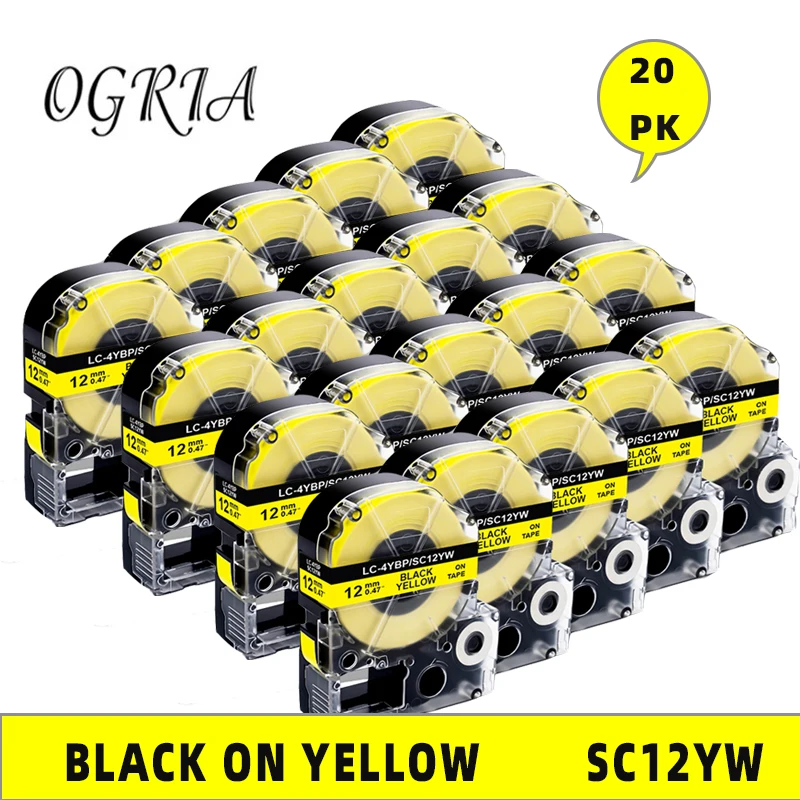 

OGRIA 5-20 PK SC12YW LC4YBW9 LC-4YBW Compatible For Epson/KingJim LW-300 LW-400 12MM Black on Yellow Adhesive SS12KW Label Tape