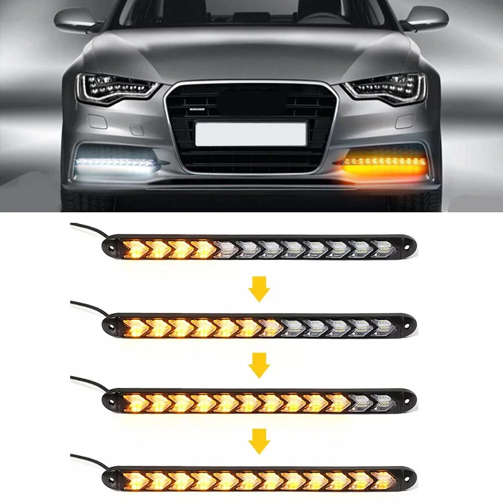 

2Pcs Led Car Daytime Running Light Strip 12V Waterproof Sequential Flexible Yellow Arrow FlowTurn Signal Safety Warning Light