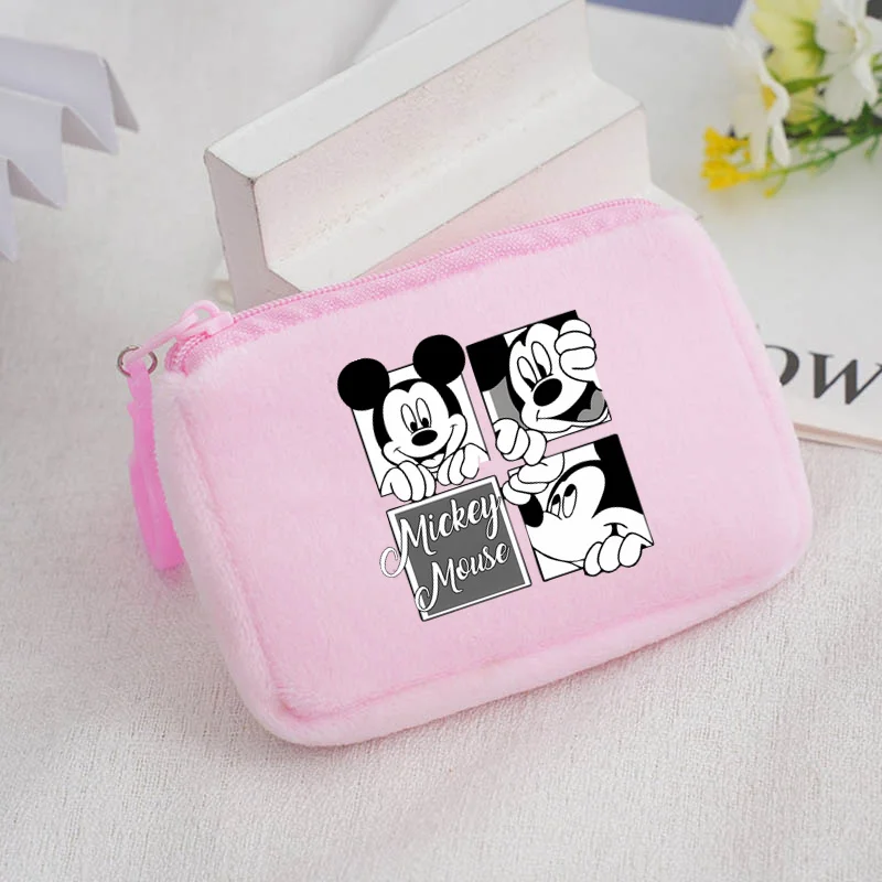 Disney Mickey MouseSolid Color Plush Cute Coin Purse Women's Cute Wallet ID Card Bag Keychain Coin Bag Kawaii Wallets for Ladies