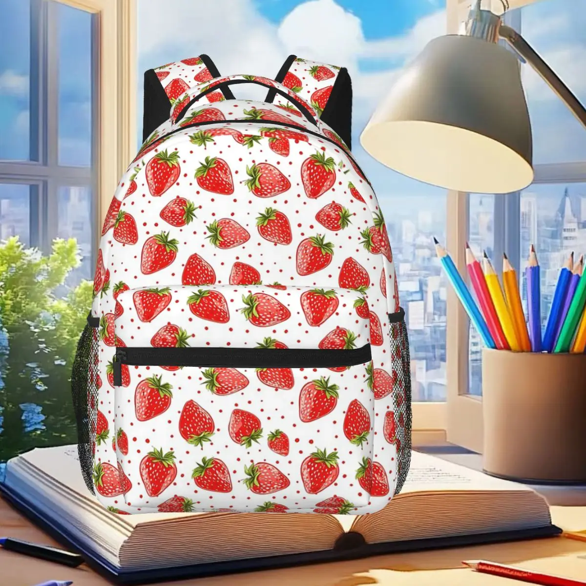 

Red Strawberry Pattern Backpack Student Boys Girls BookBag Children School Bag Laptop Shoulder Bags for Men Women