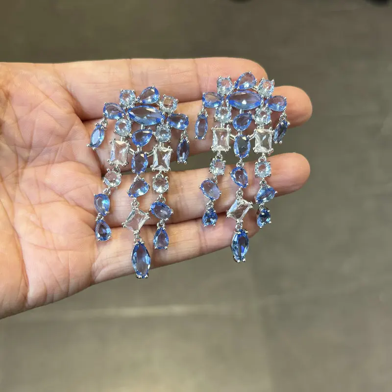 Bilincolor Fashion Clear Blue Cubic Zirconia Tassel Earring for Women