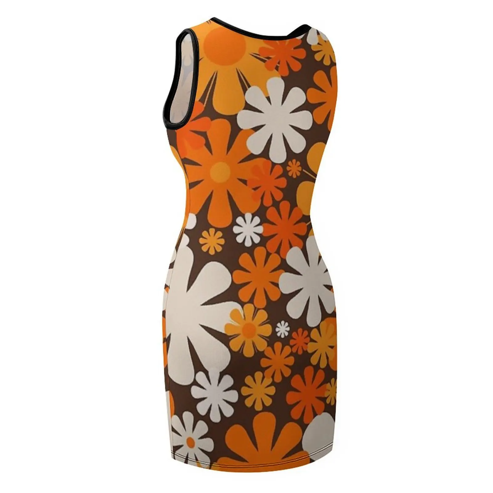 Retro Flowers 60s 70s Aesthetic Floral Pattern in 1970s Brown Orange Beige Sleeveless Sundress Cocktail of dresses sexy dress