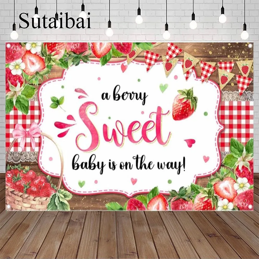 Strawberry Baby Shower Backdrop A Berry Sweet Baby Is on The Way Photography Background for Girls Banner Party Decorations