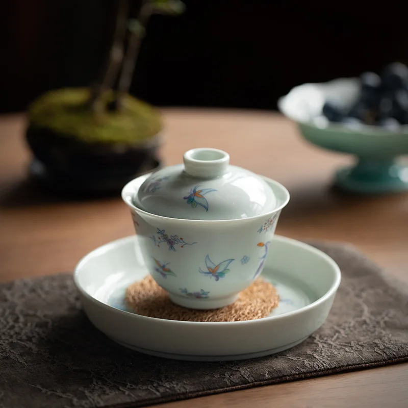 Ancient Green Glaze Butterfly Flower Gaiwan Single Ceramic Kung Fu Tea Bowl Small Anti Scald Tea Cup Aesthetic Zen Tea Ware
