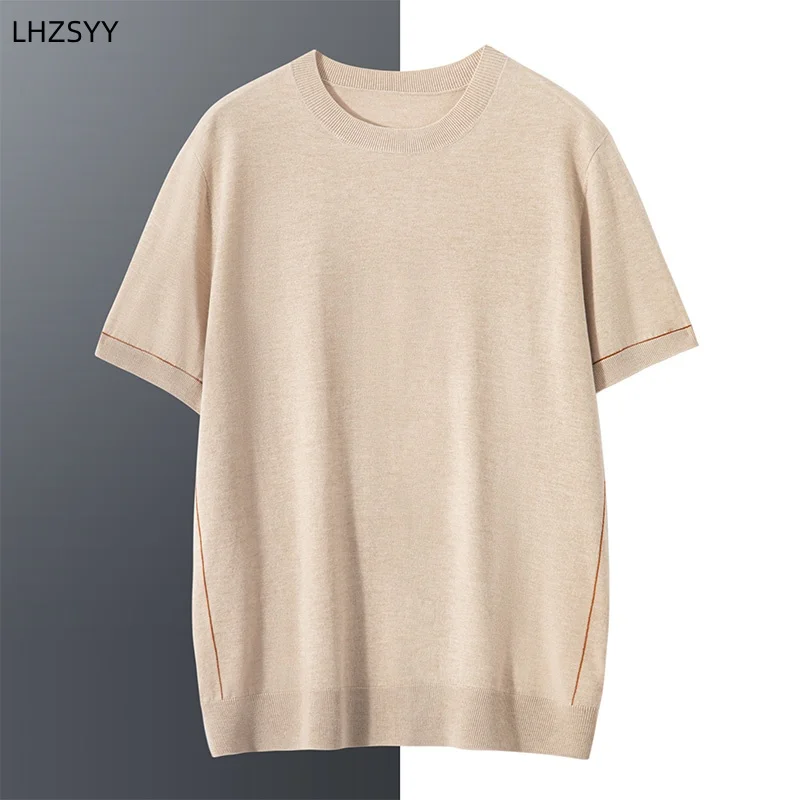 

LHZSYY Summer High-end Mulberry Silk Short Sleeve T-Shirt Men's O-Neck Solid Thin Knit Half Sleeve Cashmere Sweater Worsted Tops