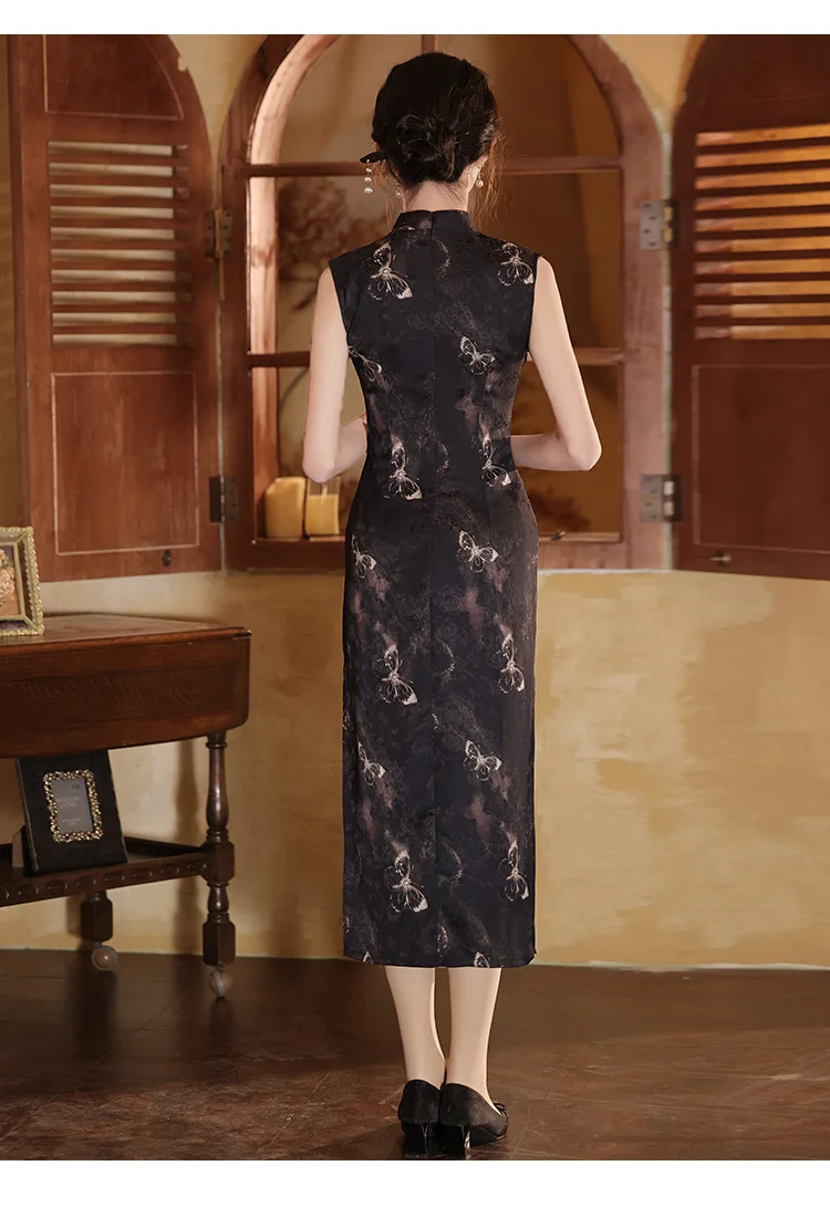 ผู้หญิงผิวดําแขนกุดยาว Cheongsam วินเทจผีเสื้อพิมพ์สไตล์จีน Qipao เครื่องแต่งกายชุดราตรีแต่งงาน