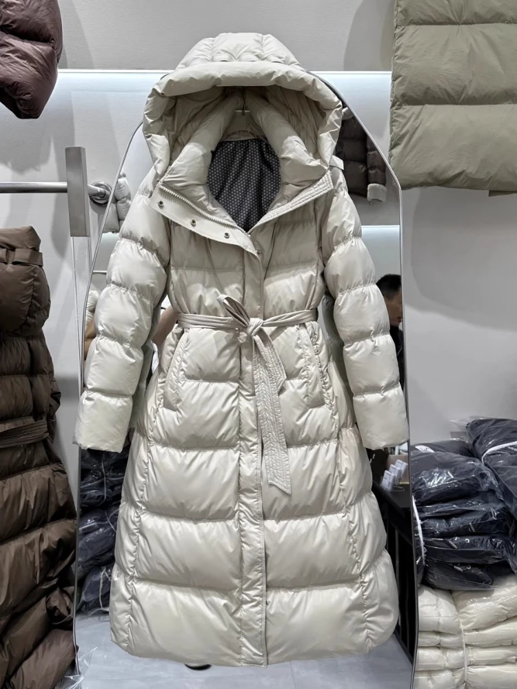 

2025 Winter Down Jacket Women Long Hooded Belt Slim Puffer Coat Female Casual White Duck Downs Overcoat Thick Warm Parka Outwear