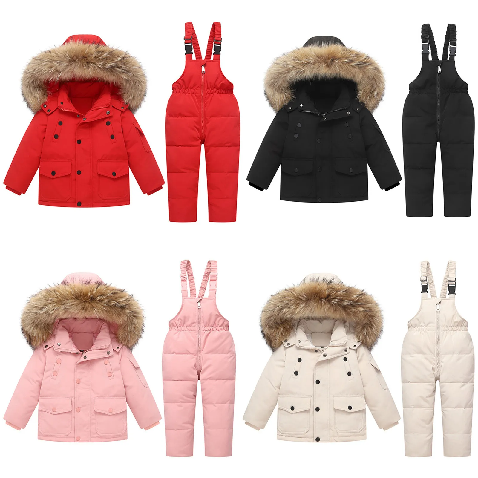 2Pcs Set Children Winter Down Jacket and Jumpsuit Thicken Kids Ski Suit Real Fur Collar Boys Coat Warm Infant Snowsuit 2-5 Year