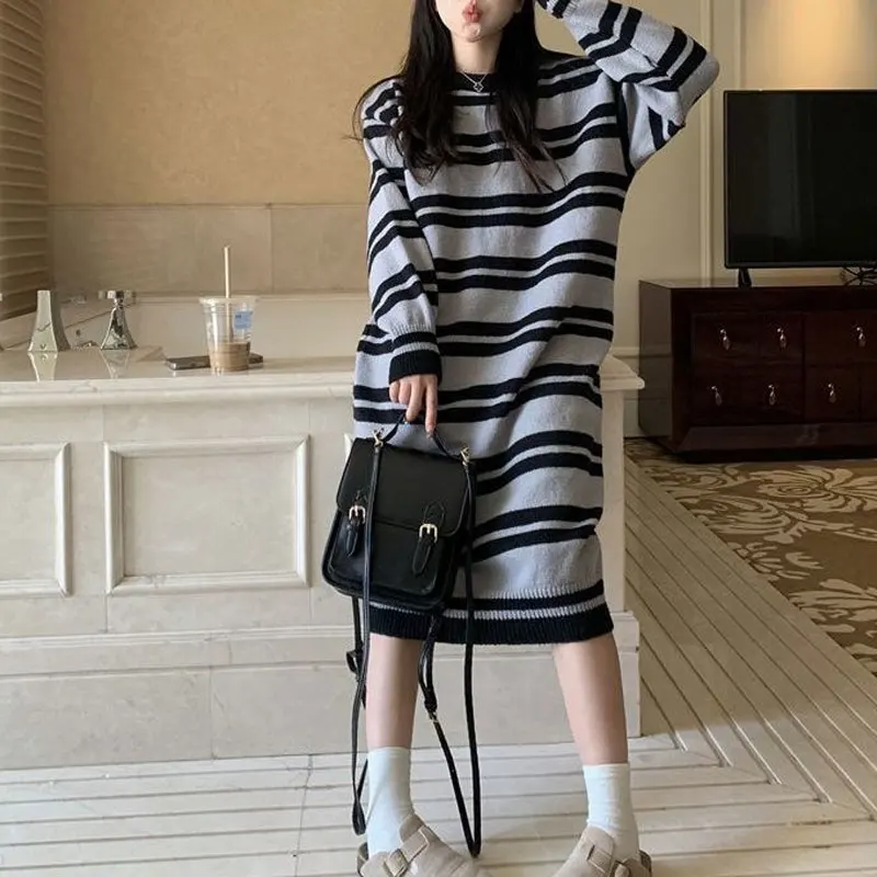 

Korean Striped Knitted Midi Dress Straight Women's Clothing Casual Autumn Winter Loose Basic O-Neck Contrasting Colors Dresses