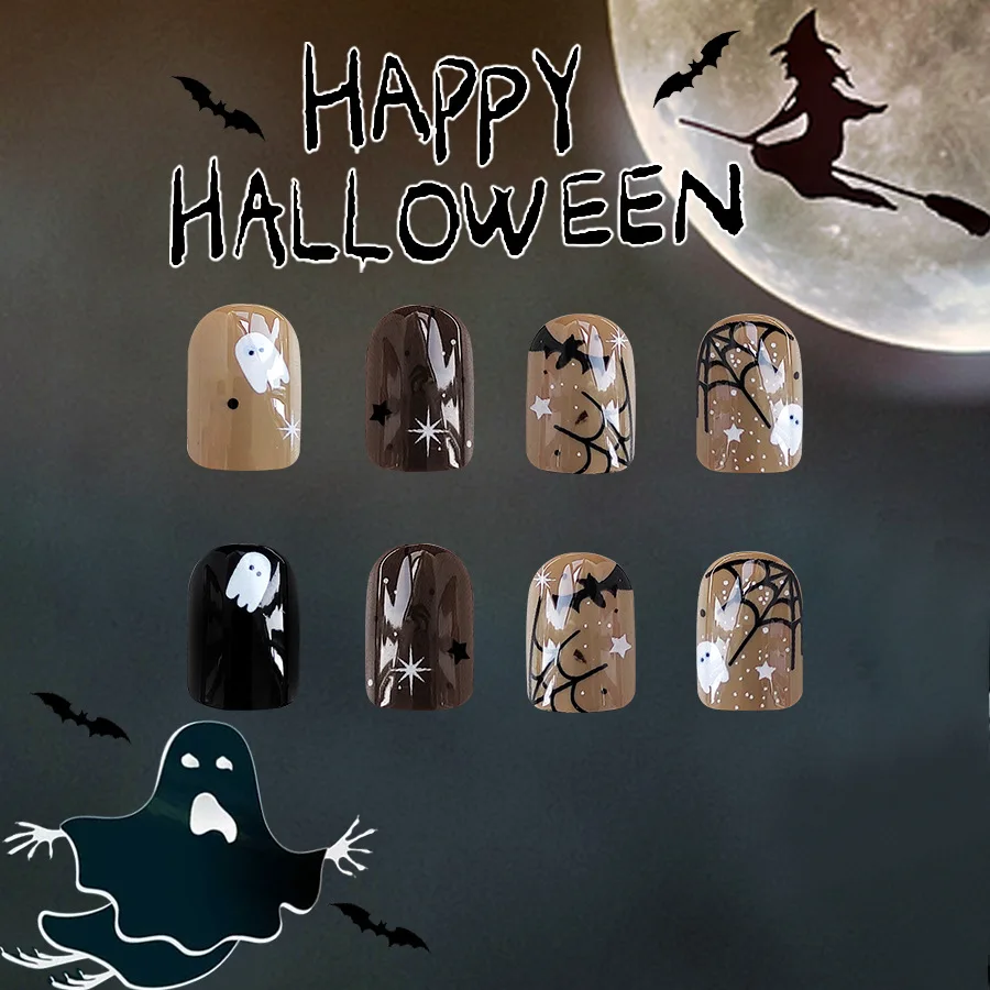 24Pcs/set Black Halloween Press on Nails Pumpkin Ghost Cat Design Short Square Fake Nails Full Cover Acrylic Nail Tips for Women