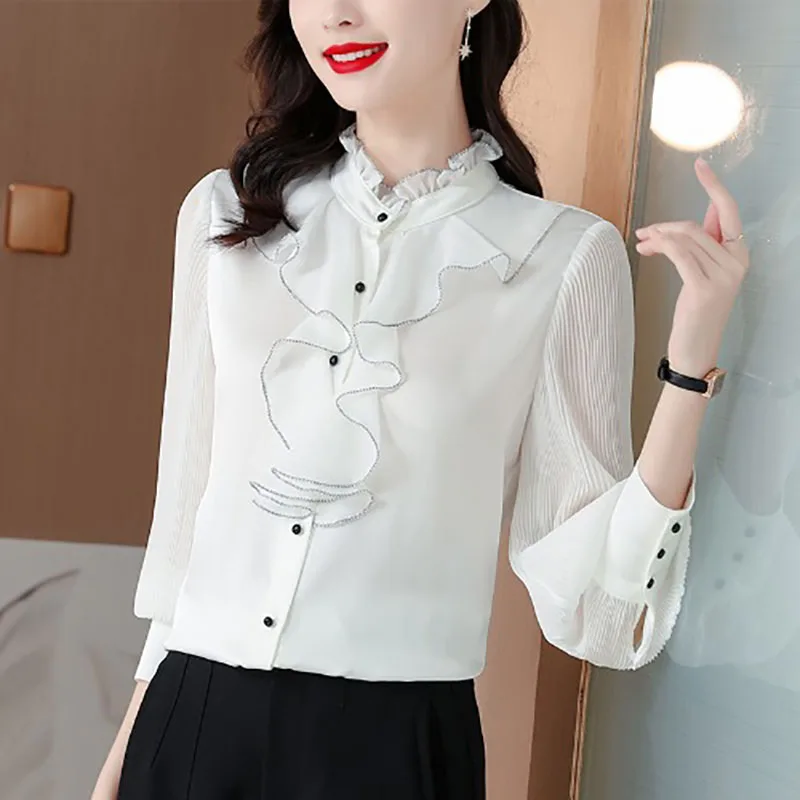 Camisa holgada elegante con cuello levantado y botones para mujer, ropa informal con volantes, blusa para viaje que combina con todo, primavera 2023