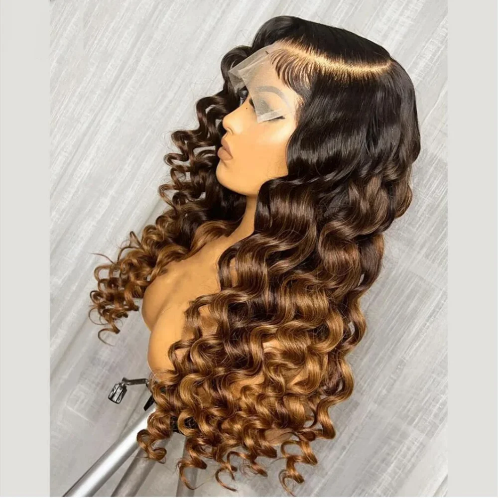 Ombre Brown Deep Wave 26“ Long Soft 180Density curly Lace Front Wig For Women BabyHair Preplucked Heat Resistant Glueless Daily