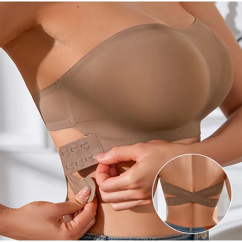 Strapless Side Buckle Bra Traceless Removable Soft Padded Ice Silk Women Bra Cross Back Beauty Bra Convenient Adjustable Buckle