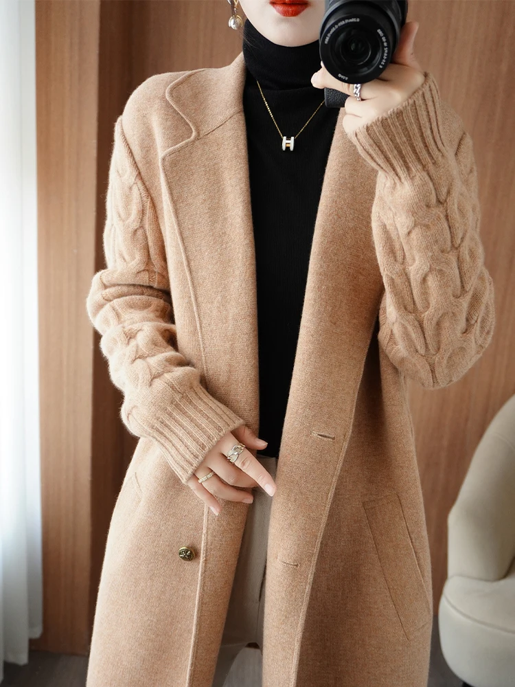 Autumn and Winter New 100% Pure Wool Cardigan Coat Women's Style Suit Collar Long Sleeve Unique Design Medium Long Coat