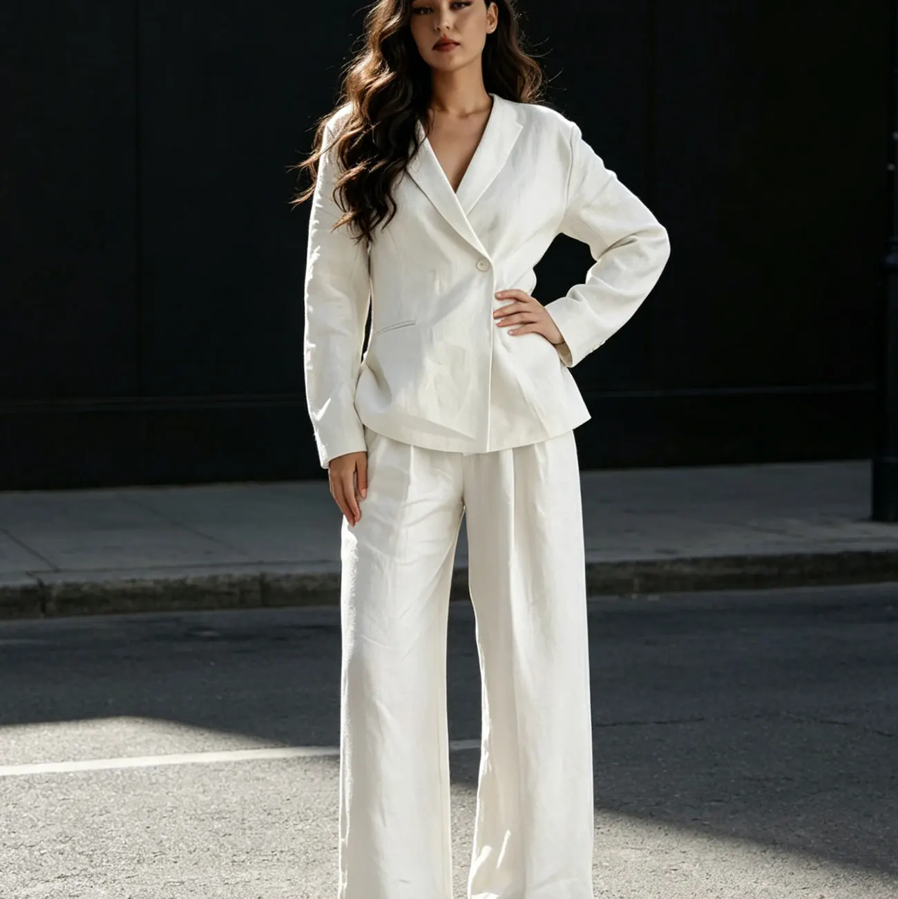 

Women 2 Piece Sets Long Sleeve Breathable Button Up Loose Fit Blazer Shirt Wide Leg Cotton Breathable Pants Suit with Pocket