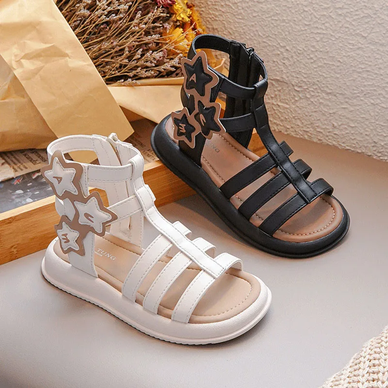 Girls Sandals Summer Kids Fashion Brand Princess Dress Rome Gladiator High Top Shoes Toddler Children Flats Star White Soft Sole