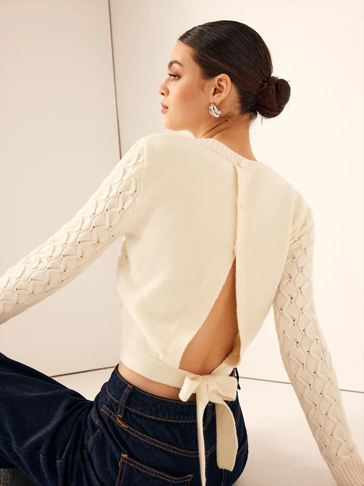 

New Autumn Winter Elegant Button Open Back Lace Up Round Neck Long Sleeve Women's Knitted Sweater, Casual Lady Crop Tops