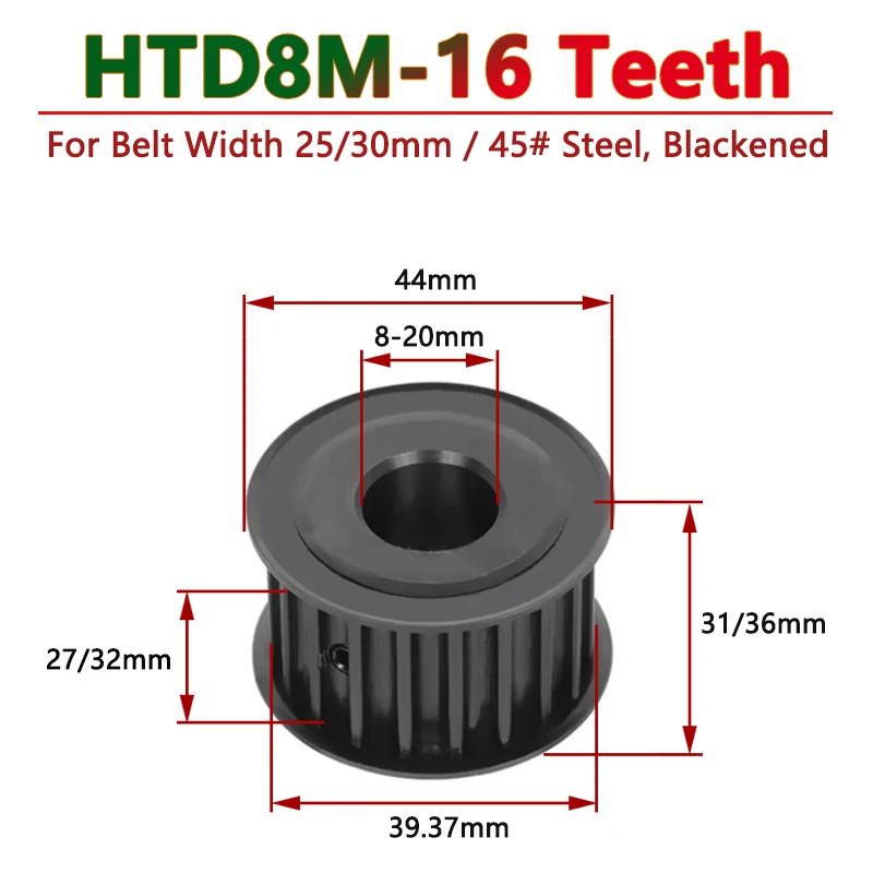 

1pc 16 Teeth HTD8M Steel Timing Pulley 16T 8M Drive Synchronous Wheel for Belt Width 25mm 30mm Bore 8/10/12/14/15-20mm Pitch 8mm