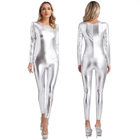 Womens Metallic Shiny Bodysuit Clubwear Long Sleeve Slim Fit Full Body Jumpsuit Nightclub Rave Party Musci Festival Costumes