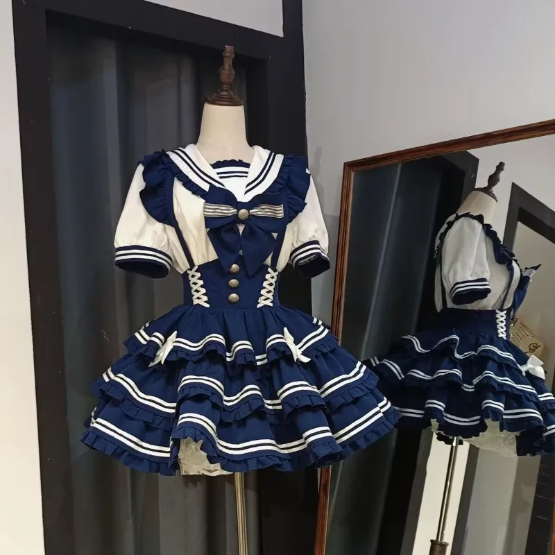 Summer New College Uniform Set Sailor Collar Bow Short Sleeve Top High Waist Strap Pong Skirt Sweet Girl Two Piece Set Female