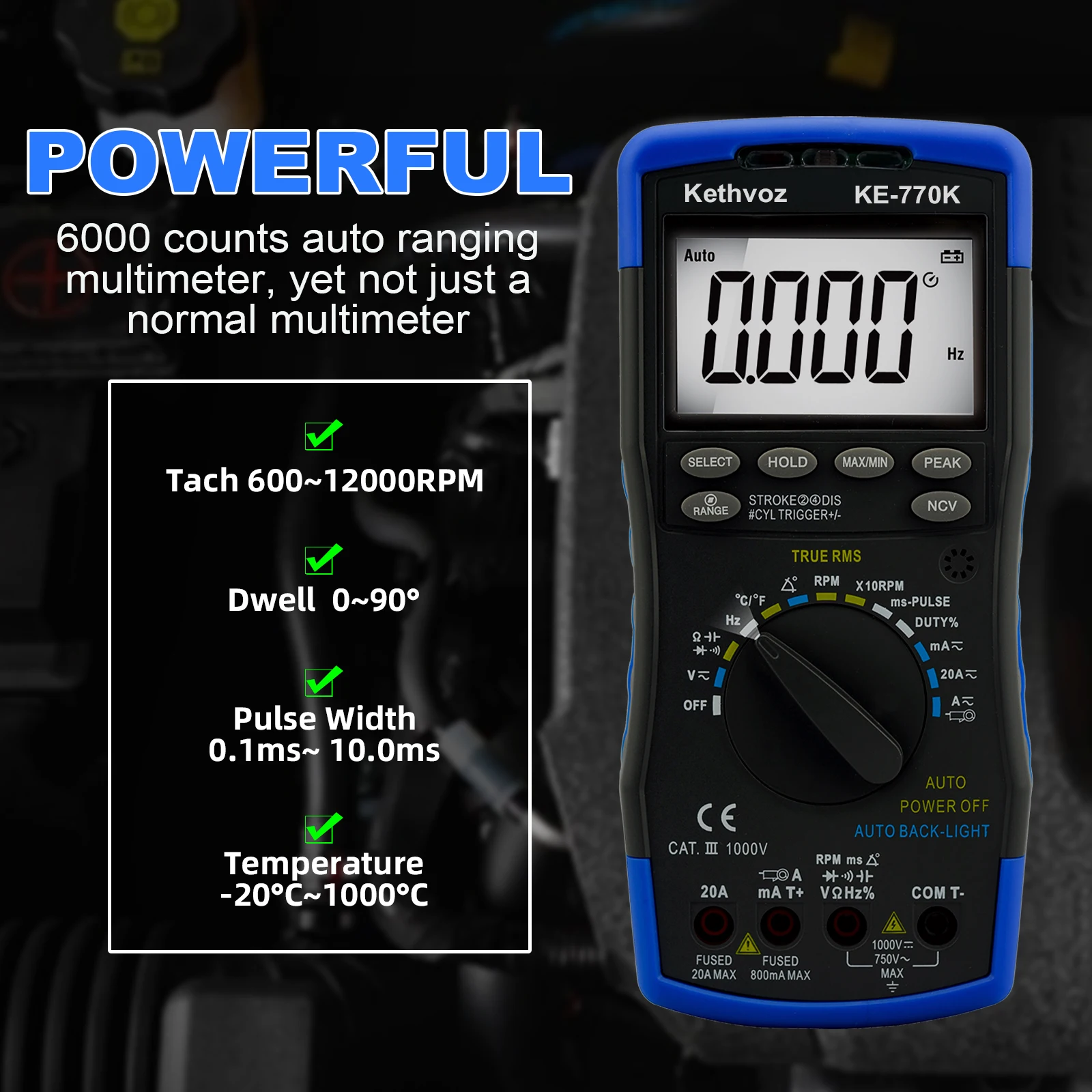 مقياس متعدد رقمي للسيارات، جهاز قياس الجهد والتيار المتردد/تيار مستمر RMS الحقيقي، 6000 عدد تتراوح تلقائية مع RPM، زاوية Dwell