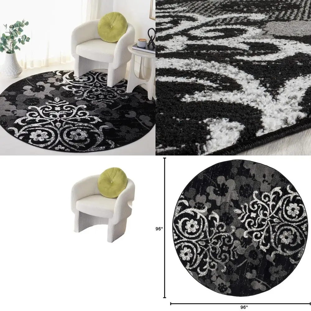 

Круглый ковер Adirondack 8 футов — черный и серебристый, гламурный дамасский узор, низкое выпадение, подходит для гостиной и спальни High Traffi