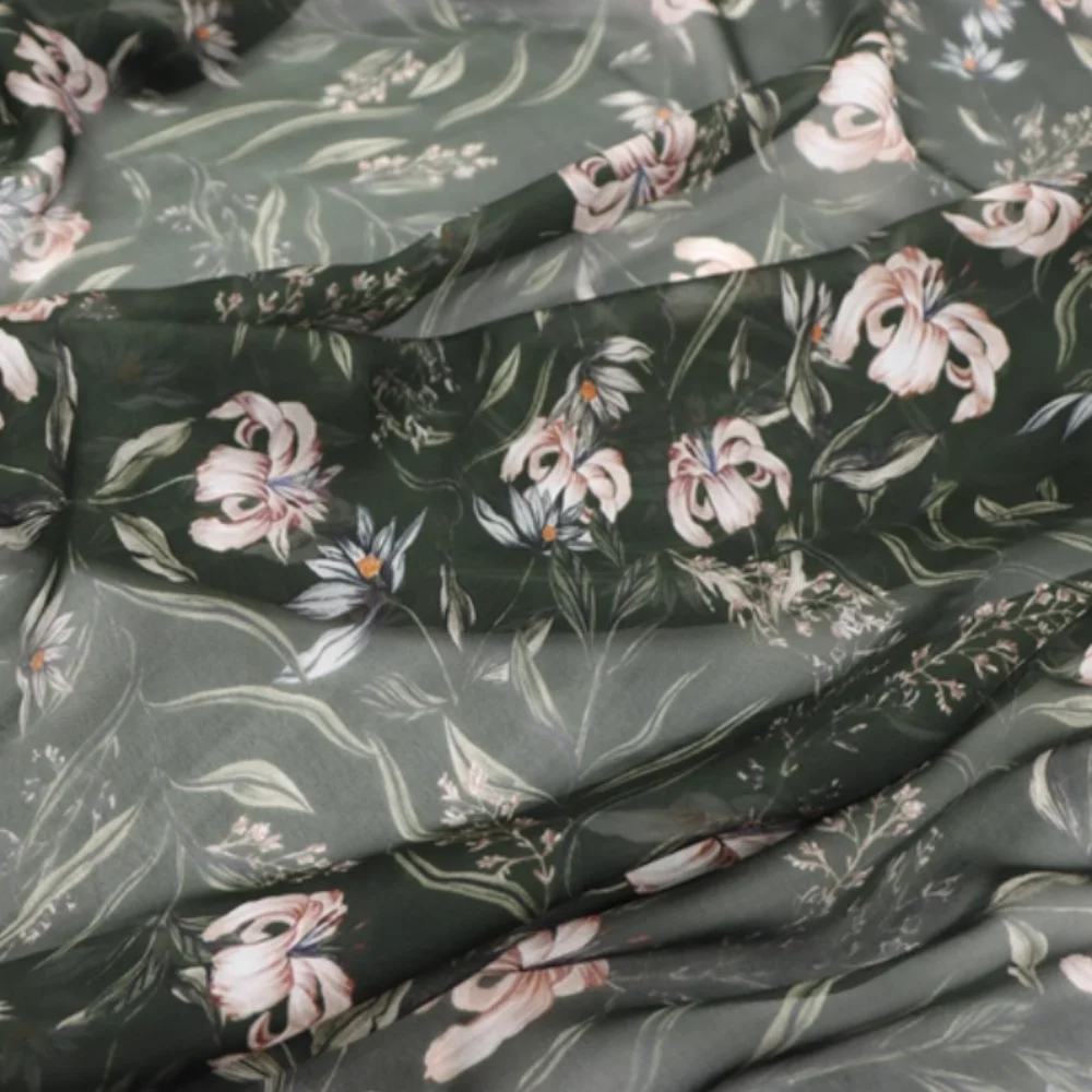 مسود الأخضر الوردي زهرة الزنبق المطبوعة لينة 100% نسيج الشيفون الحريري للفتيات النساء رحلة تنفس الملابس فستان وشاح