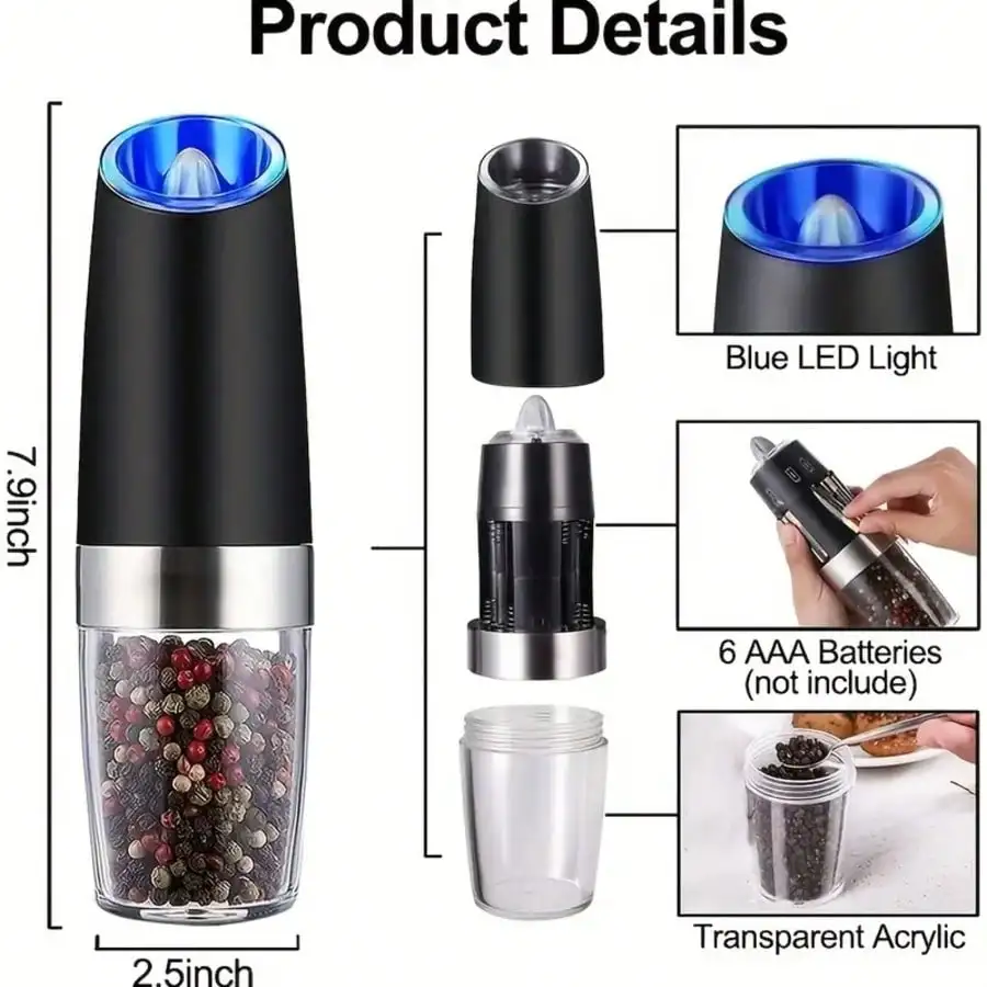 Gravity Electric Salt And Pepper Mill, Tilt To Grind Automatically, Battery Powered, Coarseness Adjustable, Upgraded Large Capacity, Easy To Clean, One-Hand Operation, Kitchen Essentials, LED Light, Holiday Gifts(Without Battery)
