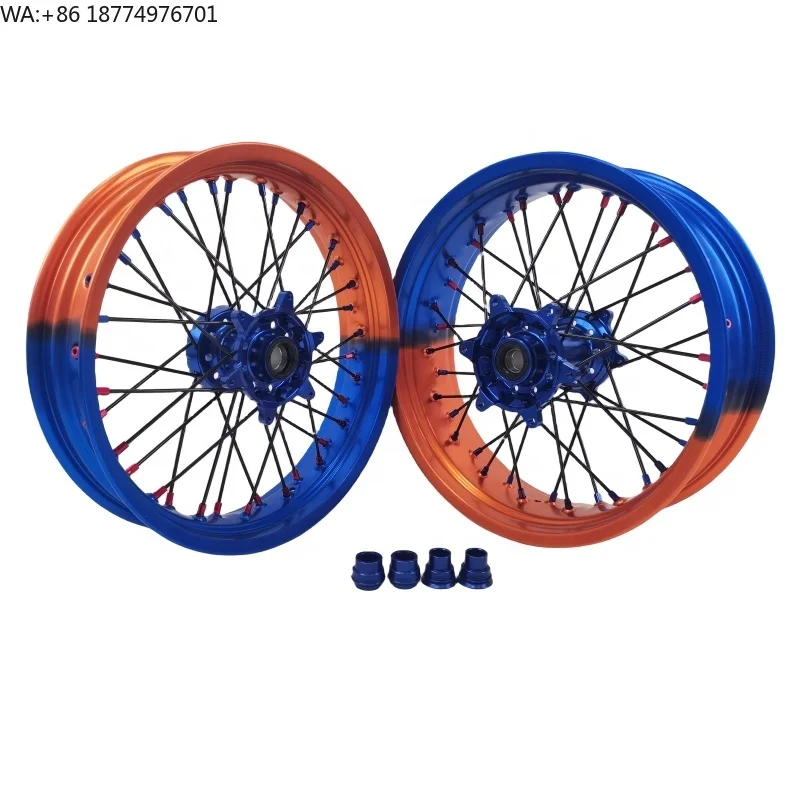 Bi-color 17'' Supermoto Motorcycle Parts Blue and Orange Wheel Set for EXC SXF 125/250/300 EXC 450/500/525 2003-2023