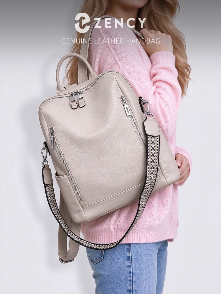 Zency Fashion Genuine Leather Backpack Knapsack Multi-pocket Day Pack Travel Convertible Shoulder Bag for Fall Winter Commuter