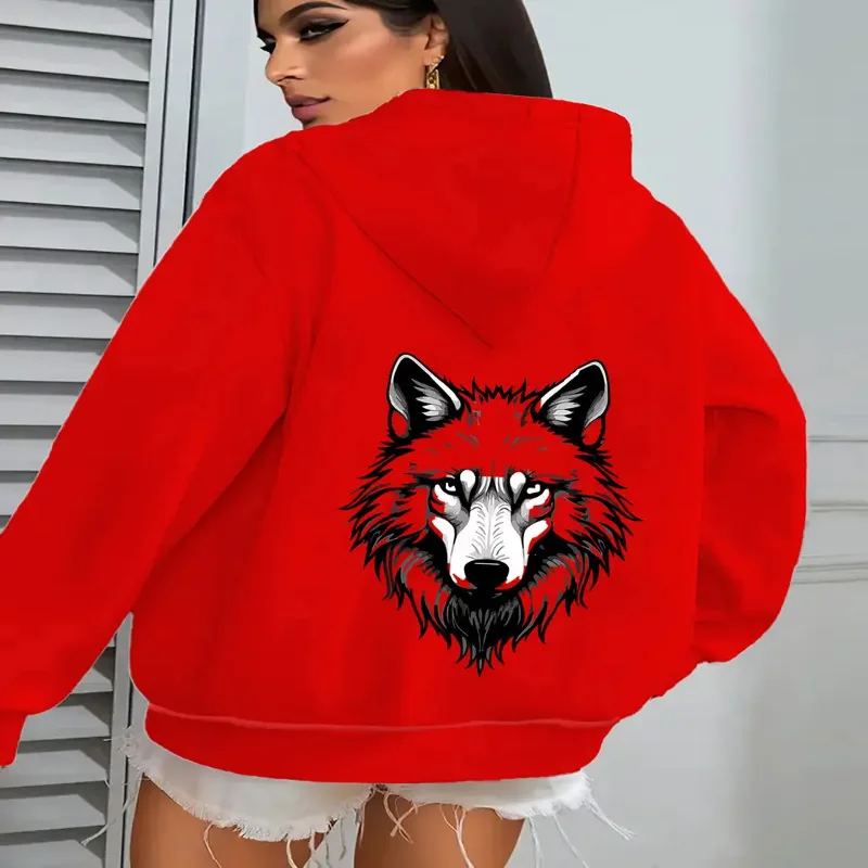 

American Style Cartoon Wolf Print Hooded Sweatshirt Creative Sports New For A Relaxed Look Women Fall Winter Seasons Streetwear