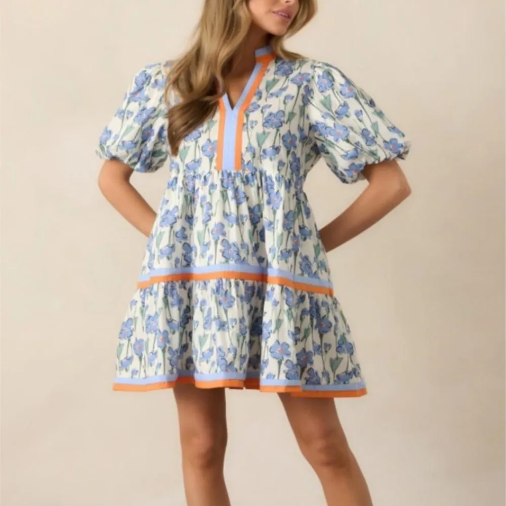 

Casual Mini Dress Women's Summer Retro Elegant Boho Style Printed V-Neck Spliced ​​Puff Sleeves Loose Waist Ruffle Mini Dresses