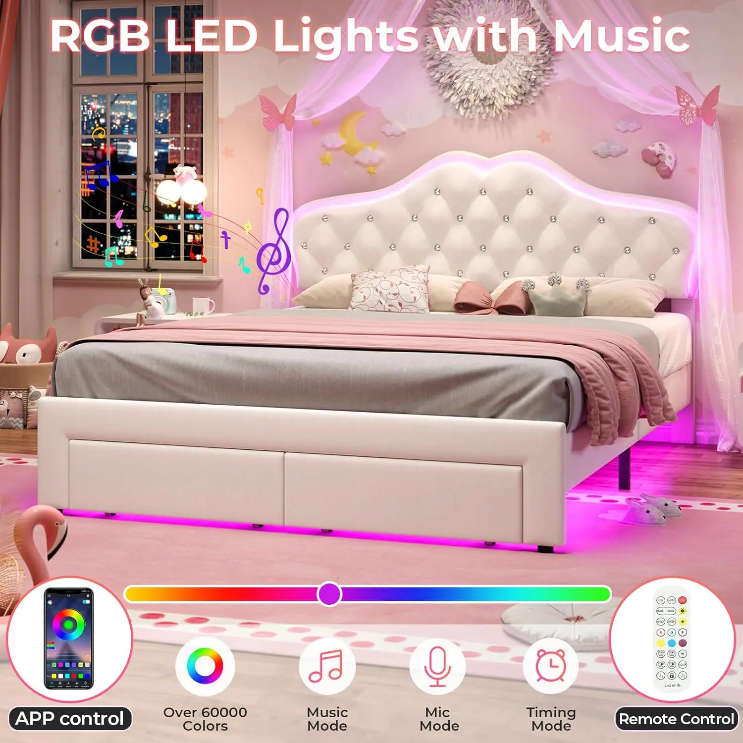 LED 조명이 있는 풀 사이즈 벨벳 침대, 서랍 2개, 조절 가능한 헤드보드, 목재 칸막이, 베이지