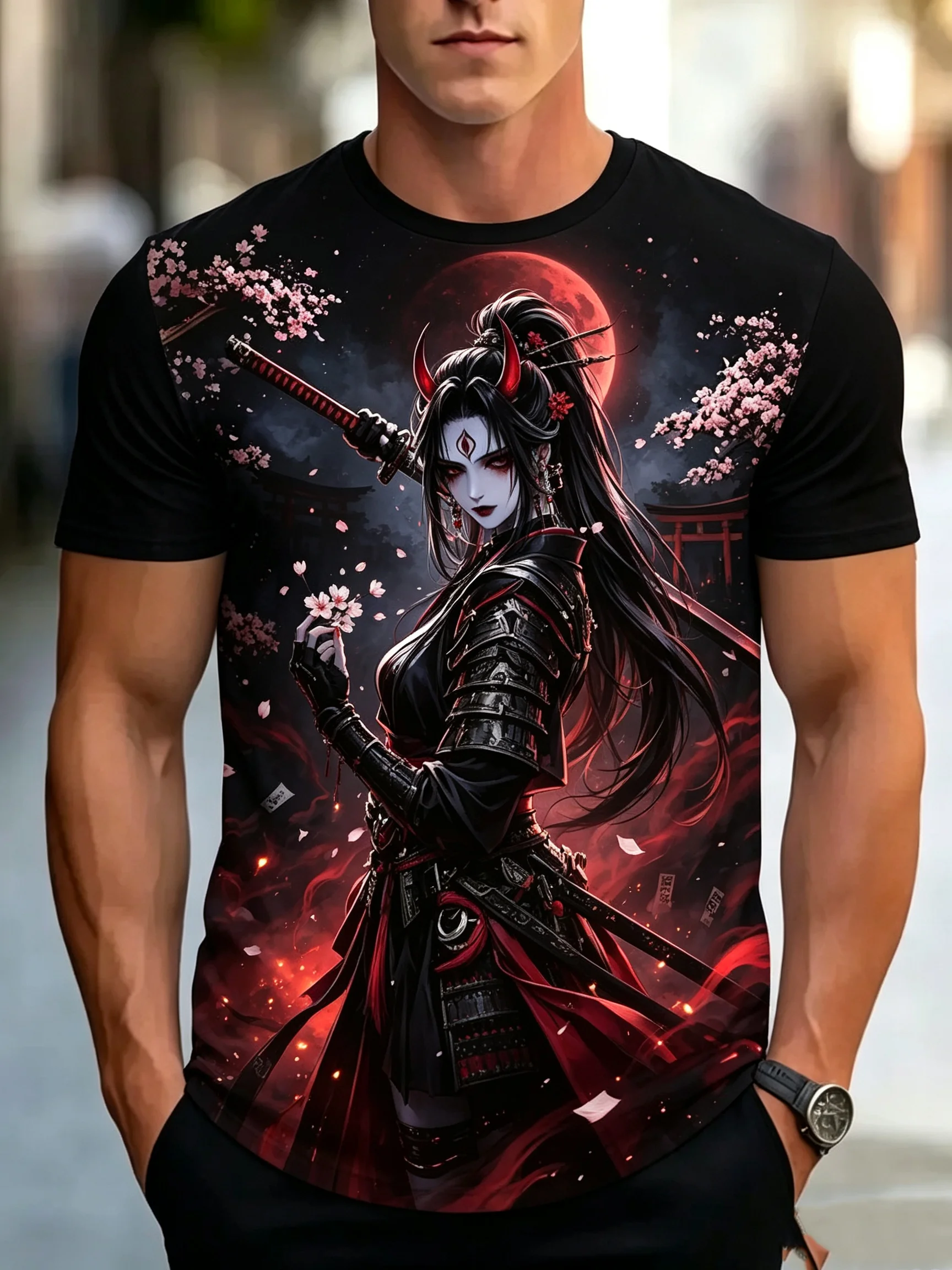3D Japanese Style Cherry Blossoms Samurai Girl Print Men's T-shirt Fashion Short Sleeve T shirt Casual Loose Top Summer Clothing