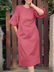 ZANZEA Women Fashion Puff Sleeve O Neck Solid Party Sundress Summer Elegant Mid-calf Dress Robe Femme Casual OL Work Vestido