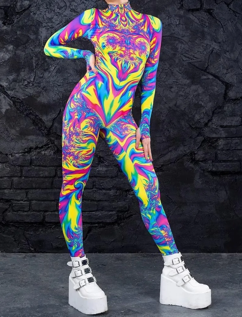 Multicolour Printing Holiday Party Women Kids Rainbow Sexy Skinny Jumpsuit Wear Onesie Cosplay Costume Elastic Bodysuits Rompers