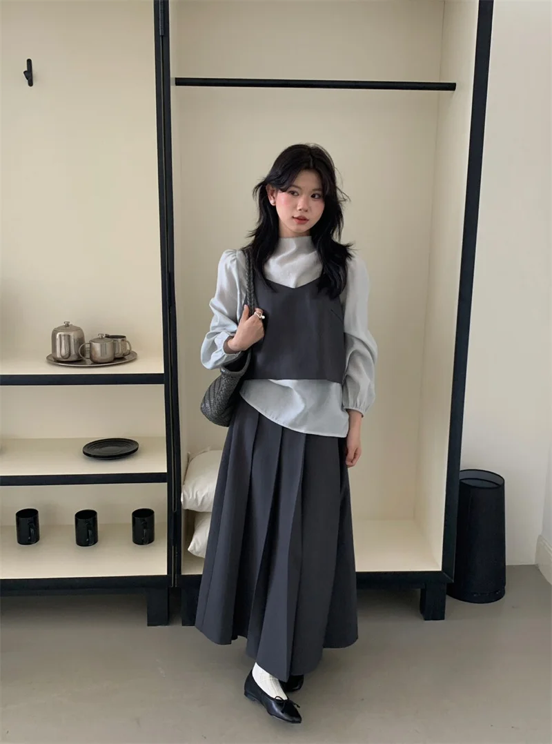 

Женский комплект футболок French Sle с юбкой-жилетом ter Ne и галстуком Ba Long Sve, простой топ с высоким воротником