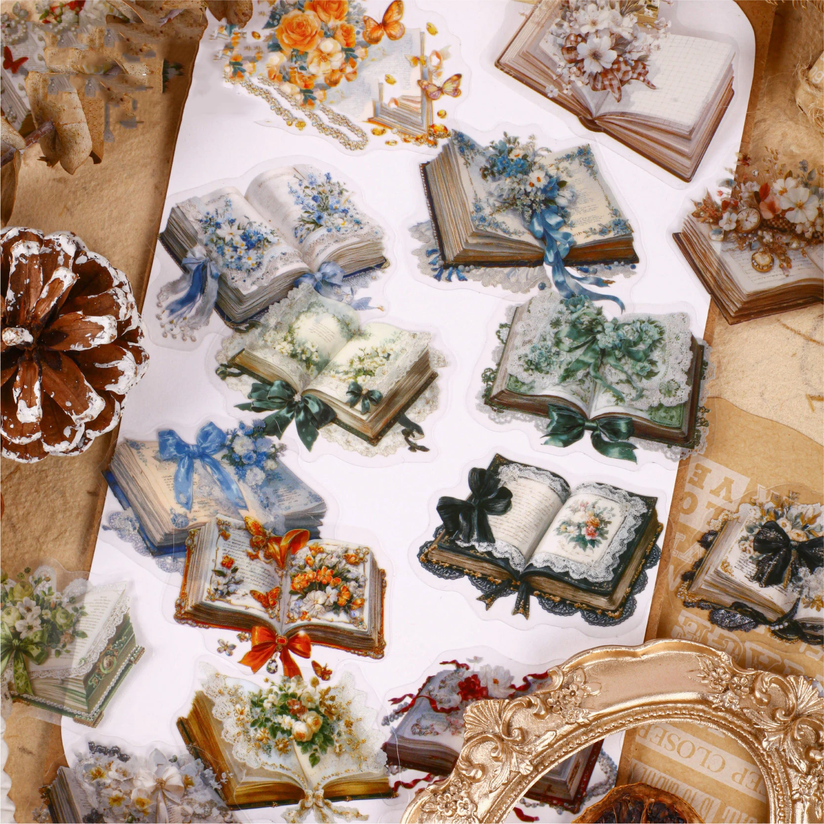 

Book-themed Series Vintage Lace Book Flower Landscape PET Sticker Creative DIY Journal Material Collage Scrapbooking Stationery